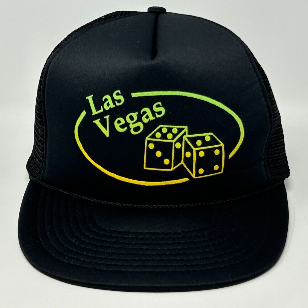 Vintage 90s Las Vegas Trucker Hat Baseball Cap Casino Craps Mesh Snapback Black
